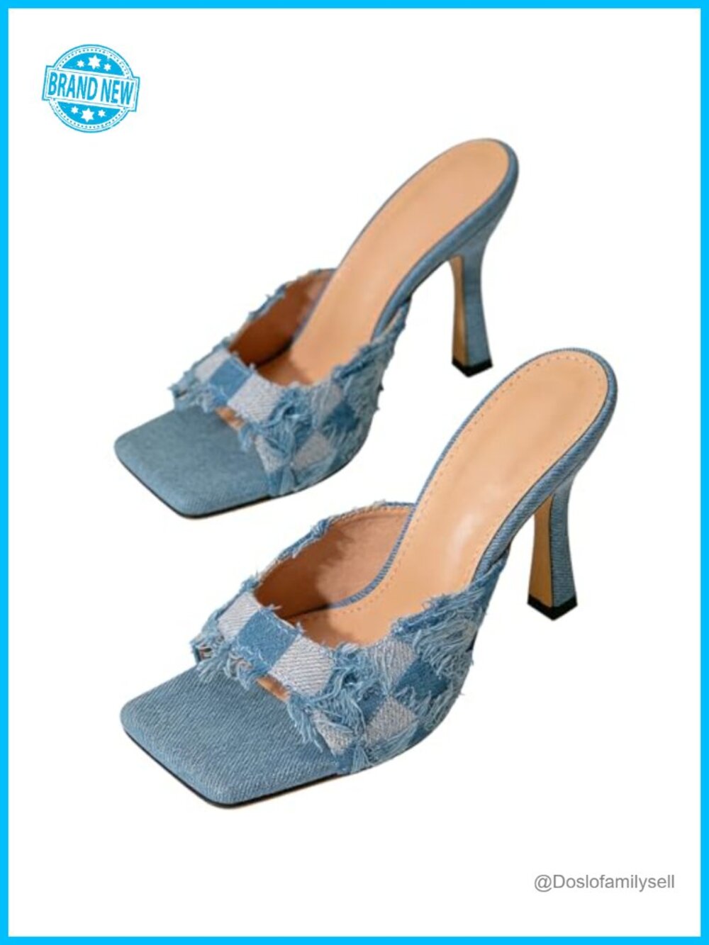 Square Open Toe Denim Stiletto Slide Sandals Backless Slip-On Kitten Heel Mules